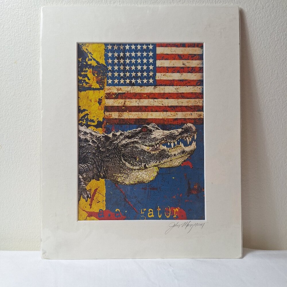 John Margerum Signed Licensed Print Of An Alligator And The America Flag.